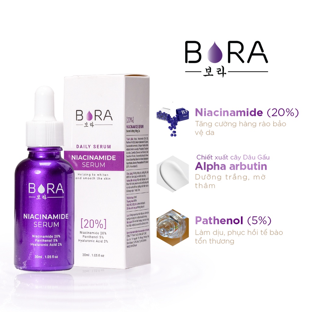 Serum trắng da cấp ẩm tăng đàn hồi da ngừa mụn Hàn Quốc BORA NIACINAMIDE 20% lọ 30ml - Hàng chính hãng