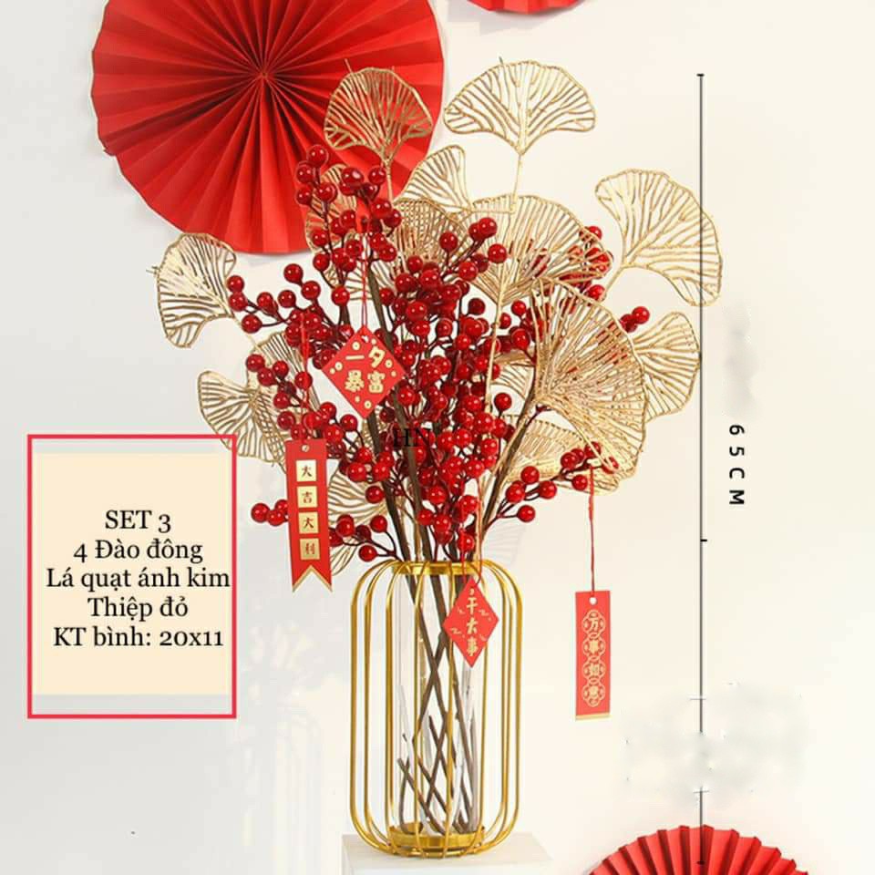 Bình hoa đào đông đỏ tài lộc Hoa giả decor Lọ hoa để bàn trang trí phòng khách ngày tết