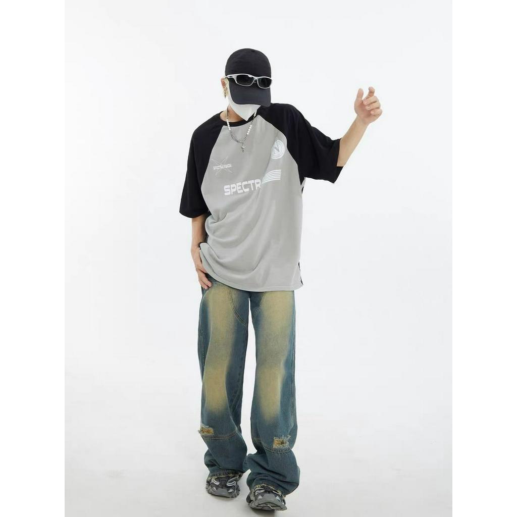 Áo Thun Tay Ngắn Cổ Tròn Màu Sắc Tương Phản Phong Cách hip hop Thời Trang Mùa Hè Cho Nam