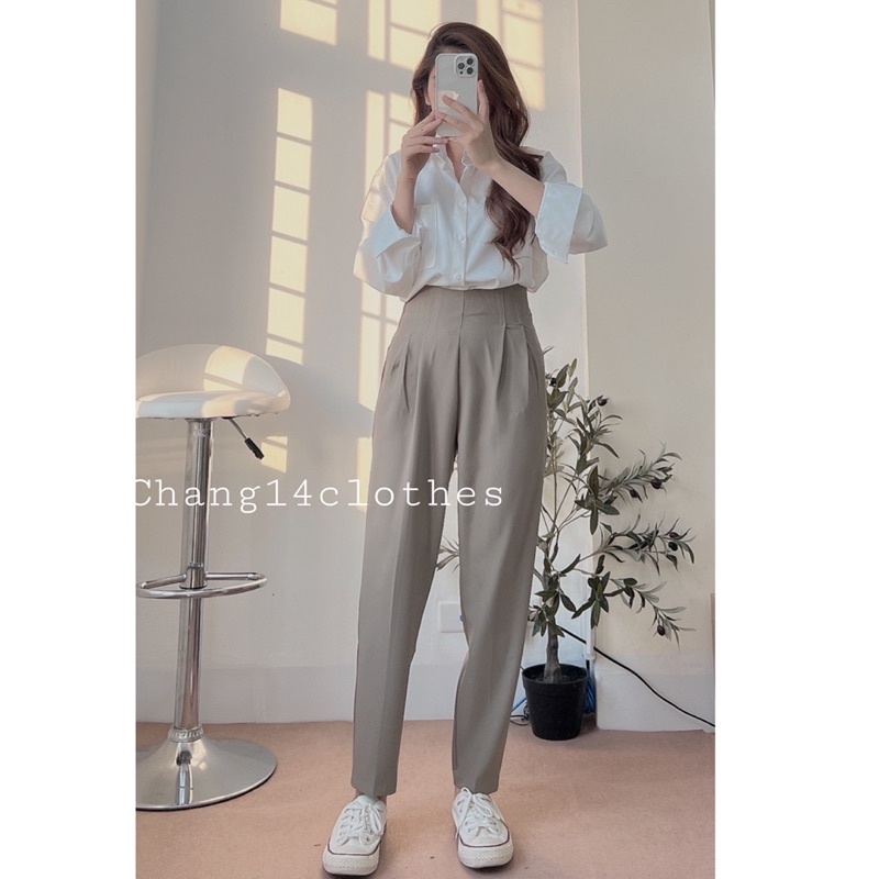 Quần baggy vải phong cách công sở dáng basic có túi quần khoá sau
