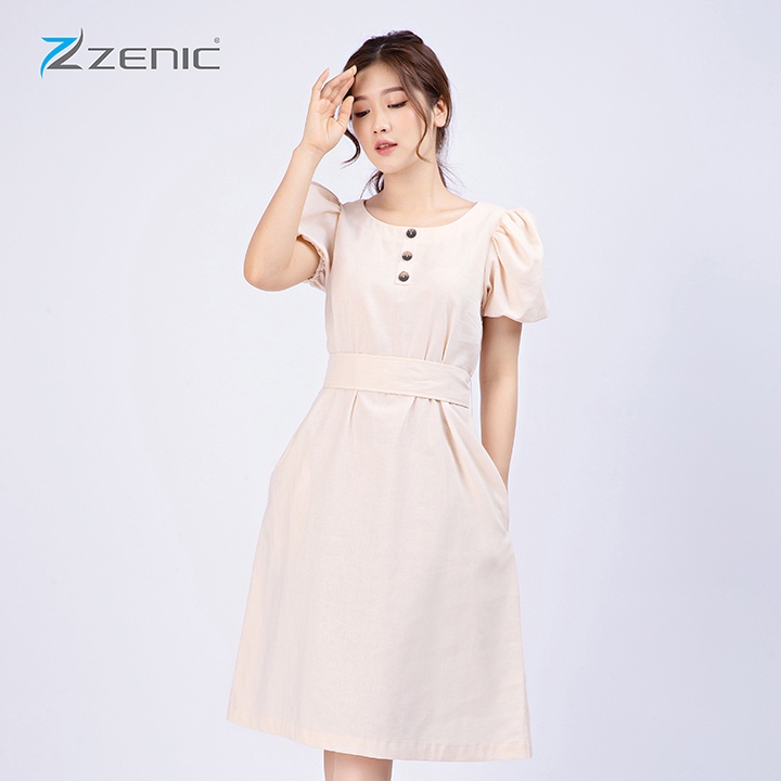 Đầm suông liền Linen nữ tay ngắn bồng cổ tròn thắt dây đai eo 65115 – ZENIC