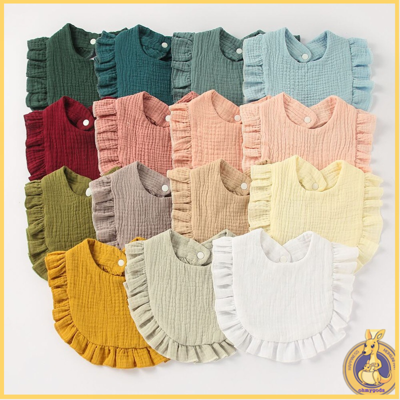 Yếm dãi cotton nguyên chất xếp nếp phối ren cho em bé ăn uống