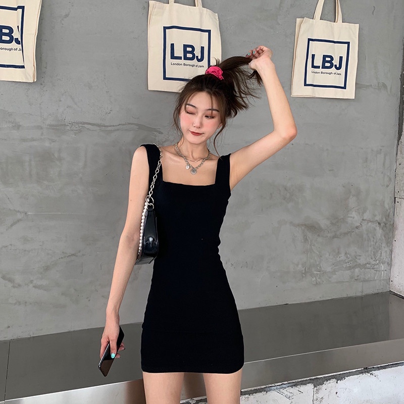 SUXI Đầm Mini Hai Dây Cổ Vuông Màu Đen Trơn Quyến Rũ Thời Trang Mùa Hè Cho Nữ