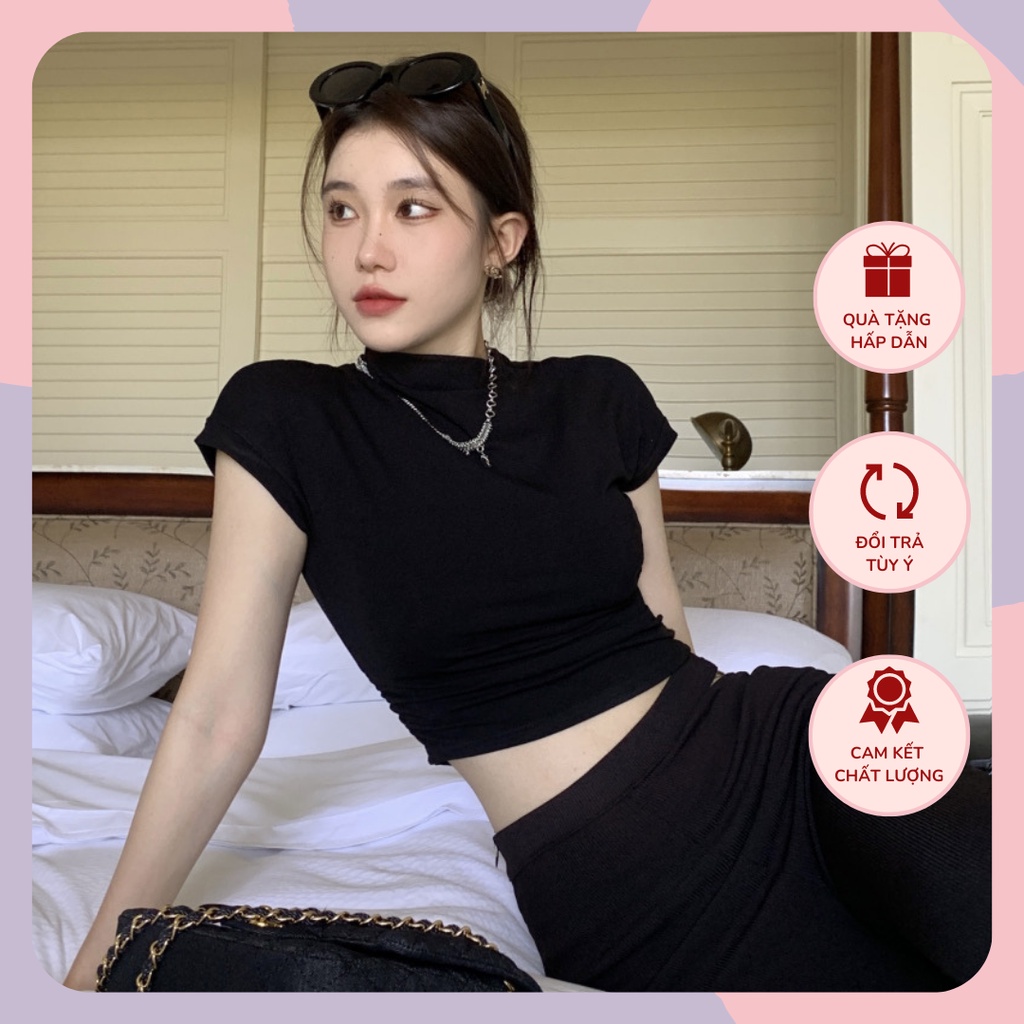 Set áo croptop thun cổ cao ngắn tay dáng ôm body - quần tăm ống rộng loe cạp chun WANAWEAR phông cộc tay