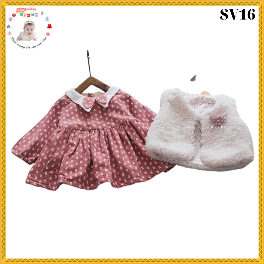 Váy mùa đông bé gái -Váy lót lông họa tiết thỏ kèm áo gile lông size 9-17kg SV16
