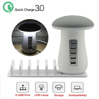 Dock Sạc 5 Cổng Kèm Đèn Ngủ Hỗ Trợ Sạc Nhanh 3.0 Hình Nấm