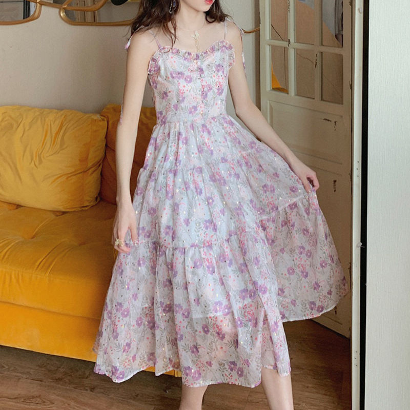 Pháp Khí2021Mùa Hè Mới Dài Siêu Cổ Tích Giấc Mơ Màu Tím Váy Voan Dây Đeo Hoa Đầm