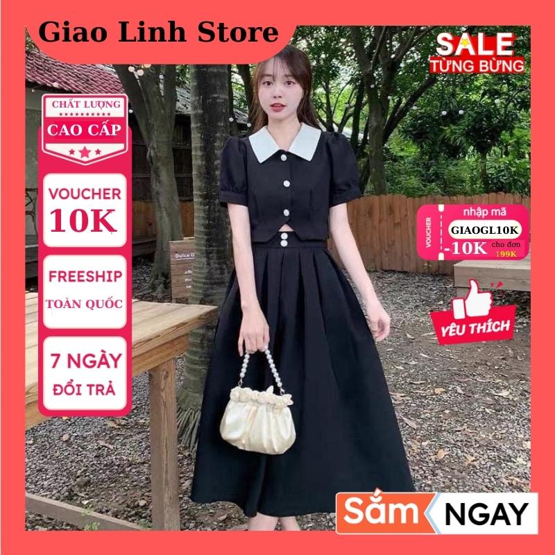 Set chân váy midi xếp ly dài qua gối lưng bo chun dáng dài mix áo croptop nữ tay phồng ngắn cổ sơ mi nút gài
