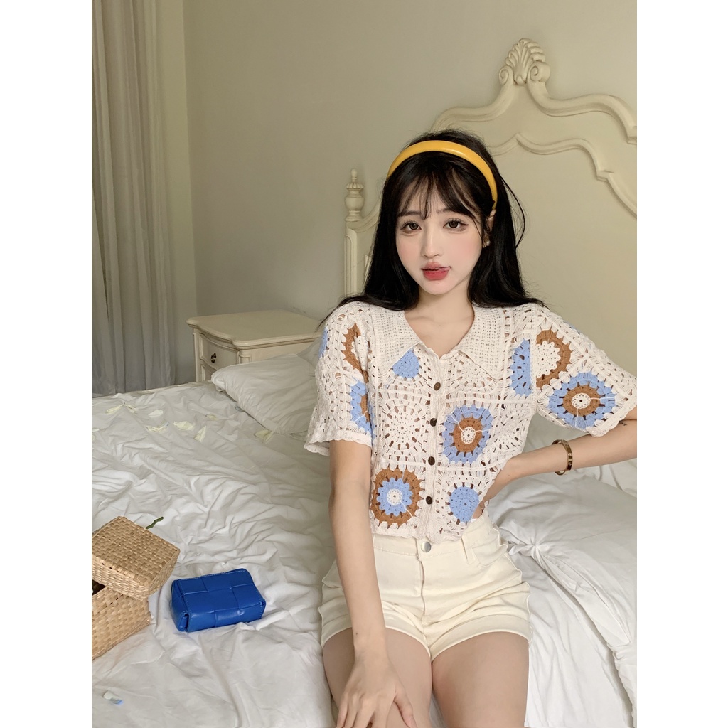 LALISAS Áo Dệt Kim Ngắn Tay Phối Lỗ Thời Trang Hàn Quốc Dễ Phối Đồ