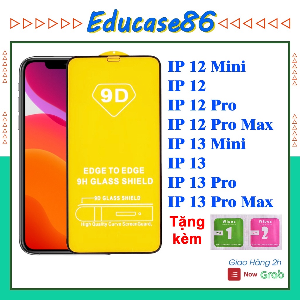 Kính cường lực IP 12Mini/12/12Pro/12ProMax/13Mini/13/13Pro/13ProMax, Tặng kèm giấy lau kính- Educase86