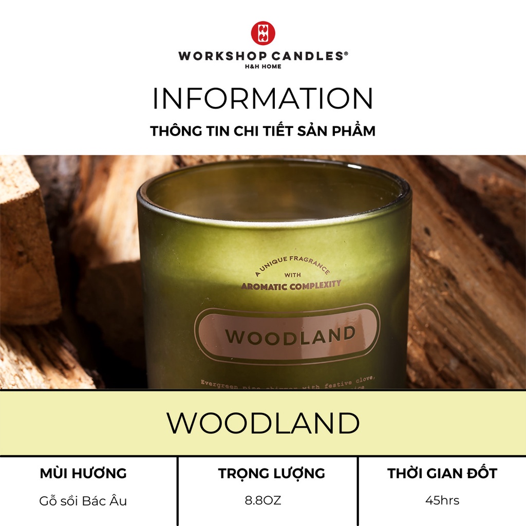 Nến thơm Woodland Workshop Candles H&amp;H Home 8.8oz hương gỗ ấm áp