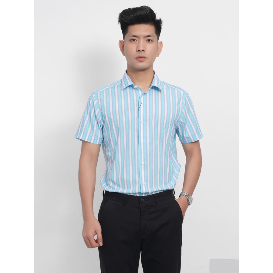 Áo sơ mi nam ngắn tay ARISTINO ASS067S8 chất bamboo sợi tre, dáng slimfit, tà lượn, kẻ sọc xanh trắng