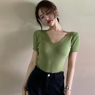 Áo thun ngắn tay cổ tim phong cách Hàn Quốc trẻ trung dành cho nữ