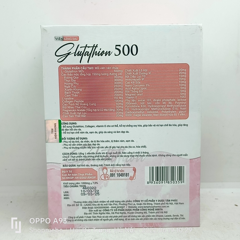 Viên uống Glutathione 500 - Giúp trắng da, mờ nám, nội tiết Làn da sạm do cháy nắng, có thâm nám, tàn nhang