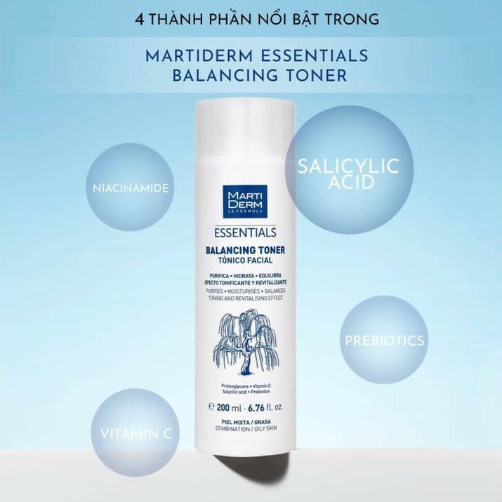 Nước Cân Bằng Làm Sạch Chứa BHA &amp; Prebiotics - MartiDerm Essentials Balancing Toner