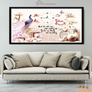 Tranh đính đá LV279 (90cm x 58cm), tranh thêu đồng hồ công phú quý cát tường LV3206 (76cm x 49cm)