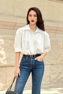 Sơ mi cotton lụa trắng tay phồng -HBSM759