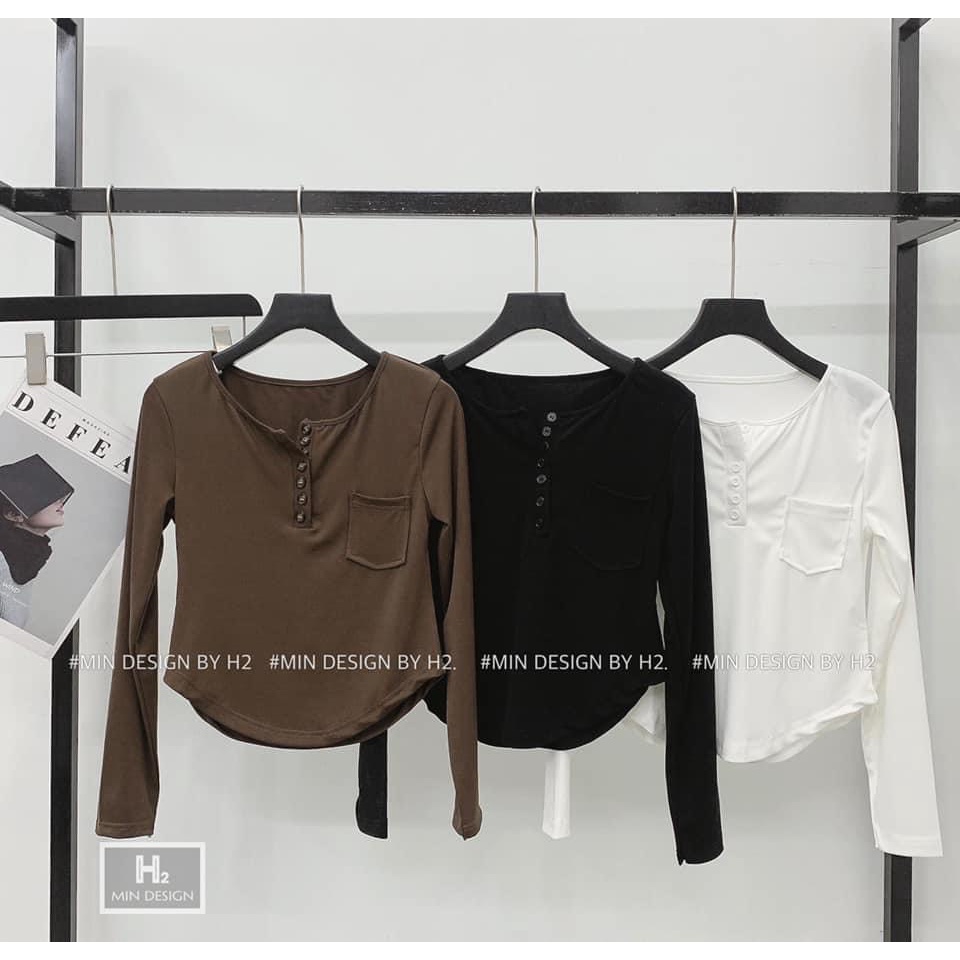 Áo pull cổ tròn dài tay cúc ngực áo kiểu nữ