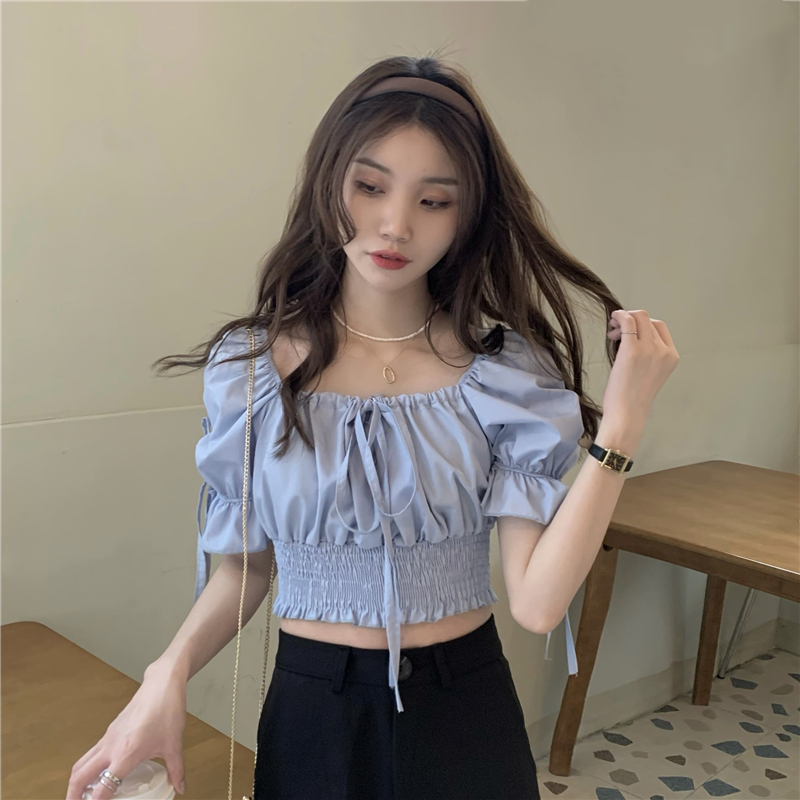 Áo croptop ngắn tay với thiết kế cổ vuông xinh xắn theo phong cách Hàn Quốc 42858