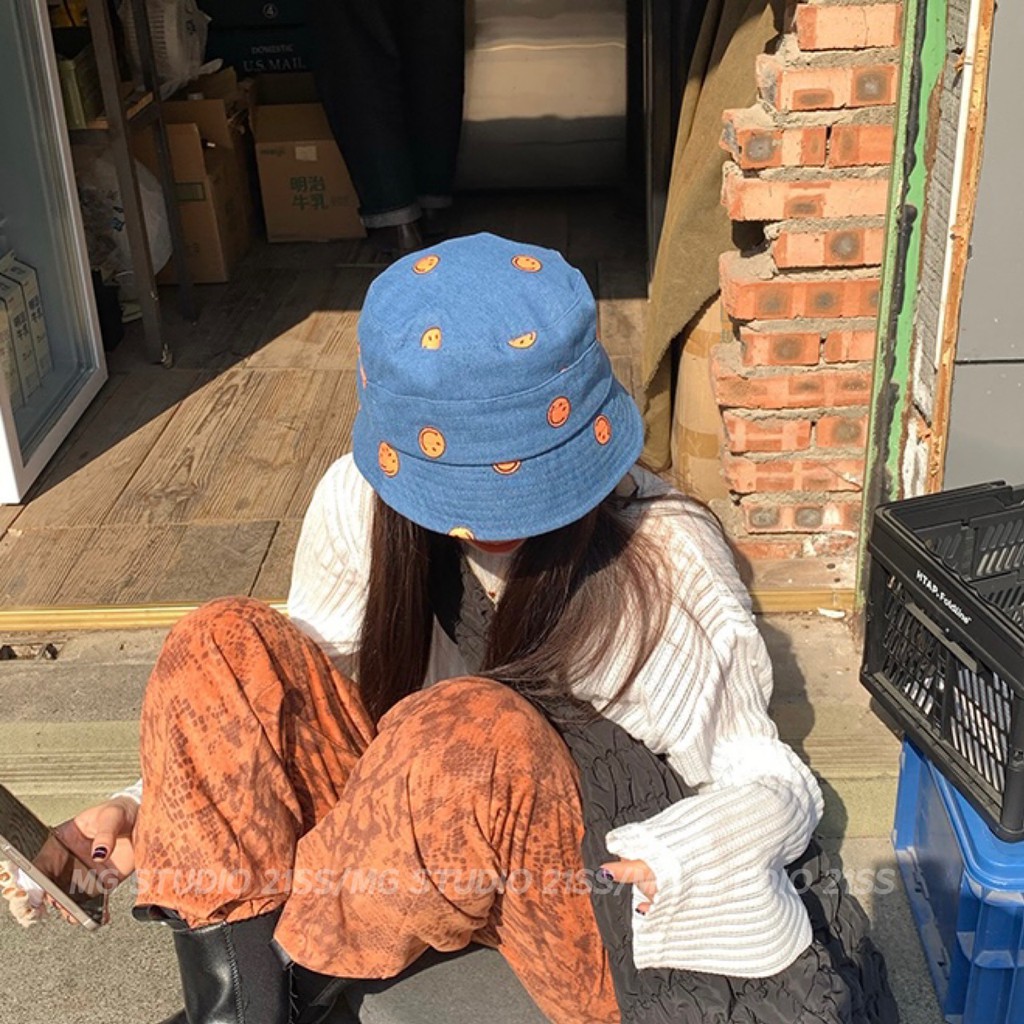 Mũ Tai Bèo MG STUDIO Chất Liệu Denim Họa Tiết Hình Mặt Cười