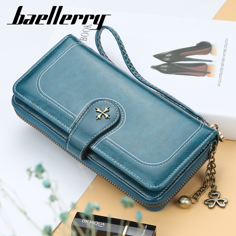 Baellerry Ví Dài Trung Bình Đựng Thẻ Có Khóa Kéo Hình Cỏ Bốn Lá Thời Trang Đa Năng Cho Nữ