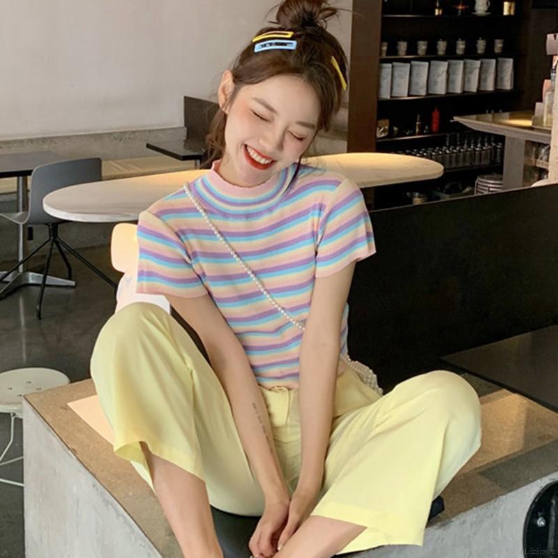 Áo Dệt Kim Tay Ngắn Cổ Lọ Phối Họa Tiết Sọc Ngang Phong Cách Hàn Quốc | BigBuy360 - bigbuy360.vn