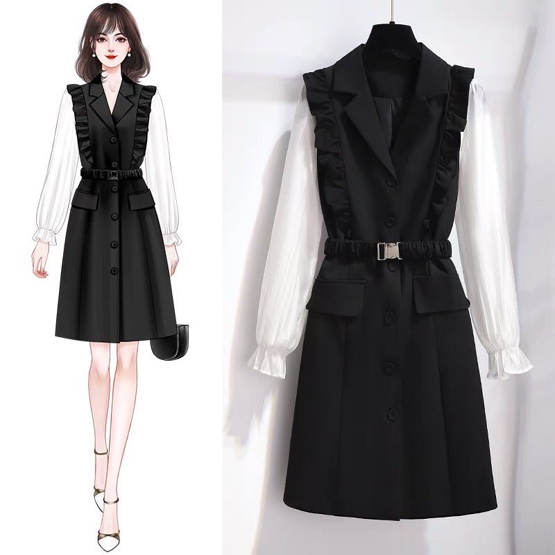 ĐẦM VIỀN TAY BÈO PHỐI 2 MÀU NÂU - ĐEN