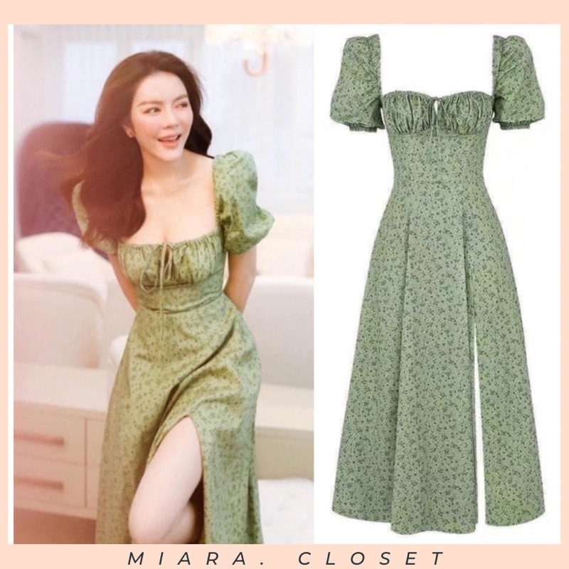 Váy Hoa Xanh nhí Xẻ tà dây rút buộc Ngực, Đầm hoa Tiểu thư