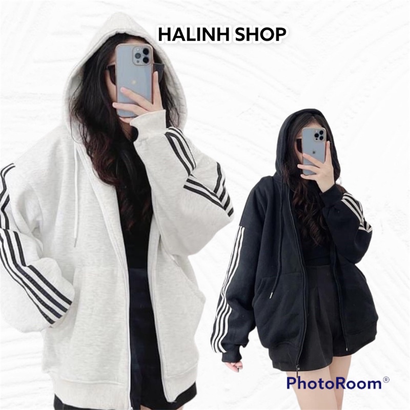 Áo Khoác Basic 3 Sọc Mũ 2 Lớp - Halinh Shop - Áo Khoác Nỉ Sọc Dây Mũ Ghi , Trắng , Đen mặc Thu Đông size L XL