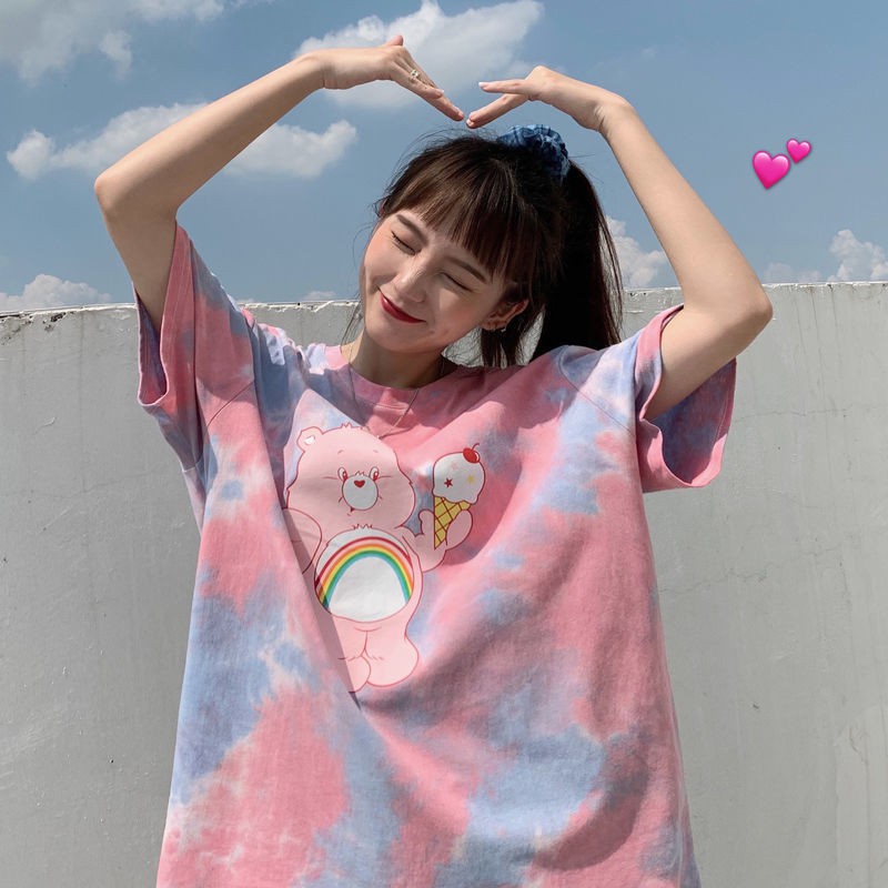 ins tie-dyed bear new western style short-sleeved t-shirt women loose Korean version of the trendy net red Harajuku strange blouse body fabric