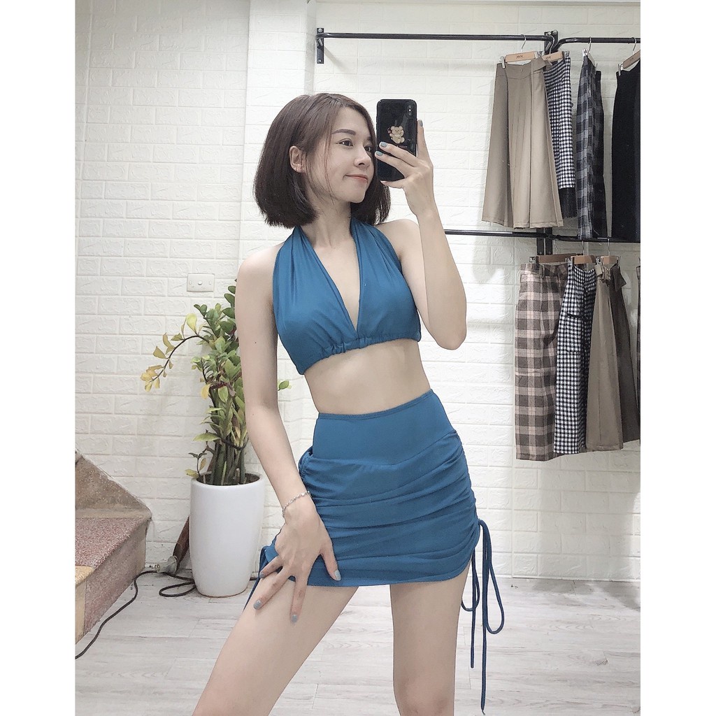 Bikini bộ bơi 2 mảnh đẹp quần váy dây rút kín đáo, áo mặc được 2 kiểu dùng đi bơi đi biển EVA 2MVDR