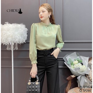CHIDU sơ mi cổ dính ngọc dài tay - SP182