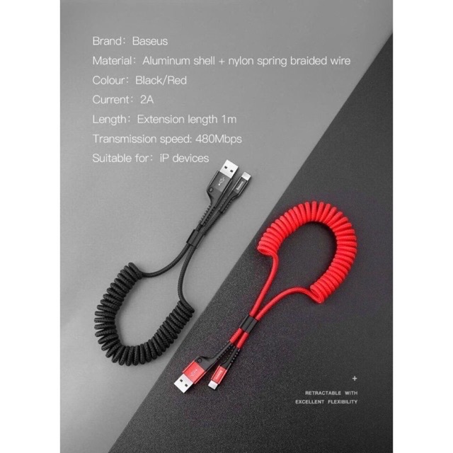 ✅CHÍNH HÃNG✅Dây Cáp sạc Nhanh Lò Xo Baseus Spring USB Type C Flexible 2A trên xe ô tô Dây sạc Xoắn 1mét cho IPhone/ iPad