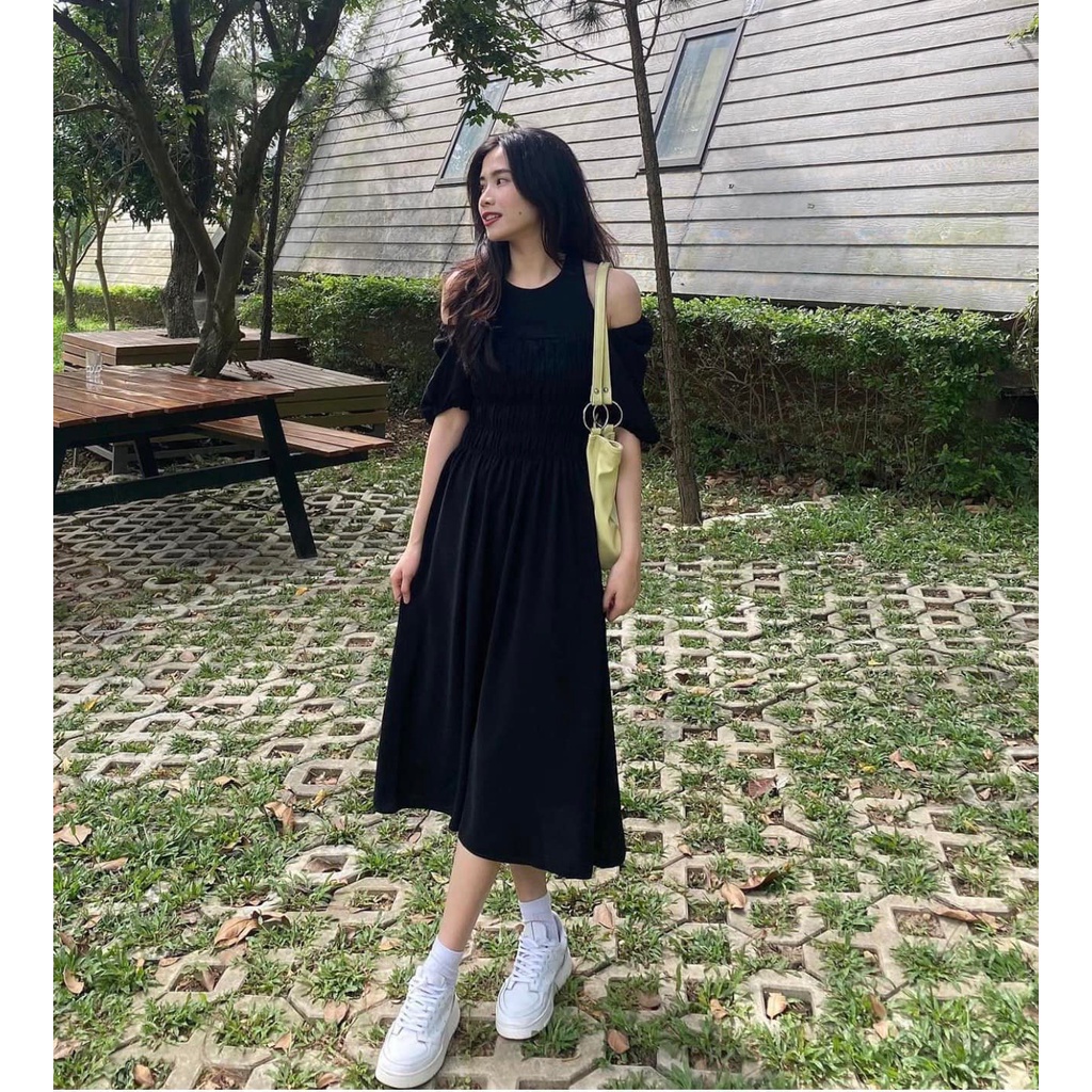 Đầm hở vai lưng bo chun hình shop tự chụp Rose Dress