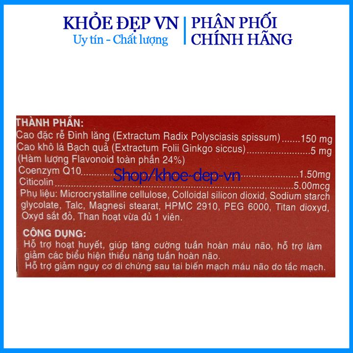 Hoạt huyết dưỡng não giảm đau đầu, hoa mắt, chóng mặt, tăng cường lưu thông máu - Hộp 100 viên