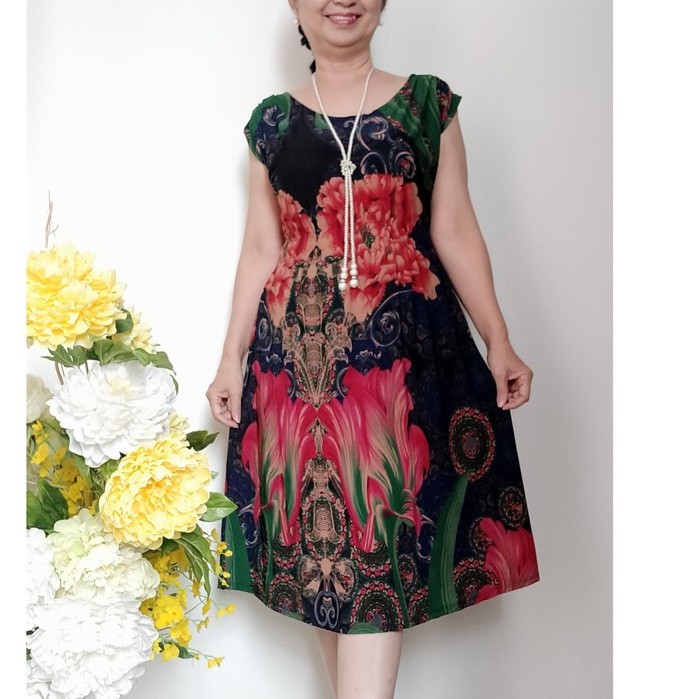 Váy Đầm Trung Niên Thun Eo Hoa Đẹp, Chất vải Thun Aty Chéo Mềm Mỏng, Có Túi, Size từ 48KG - 68KG