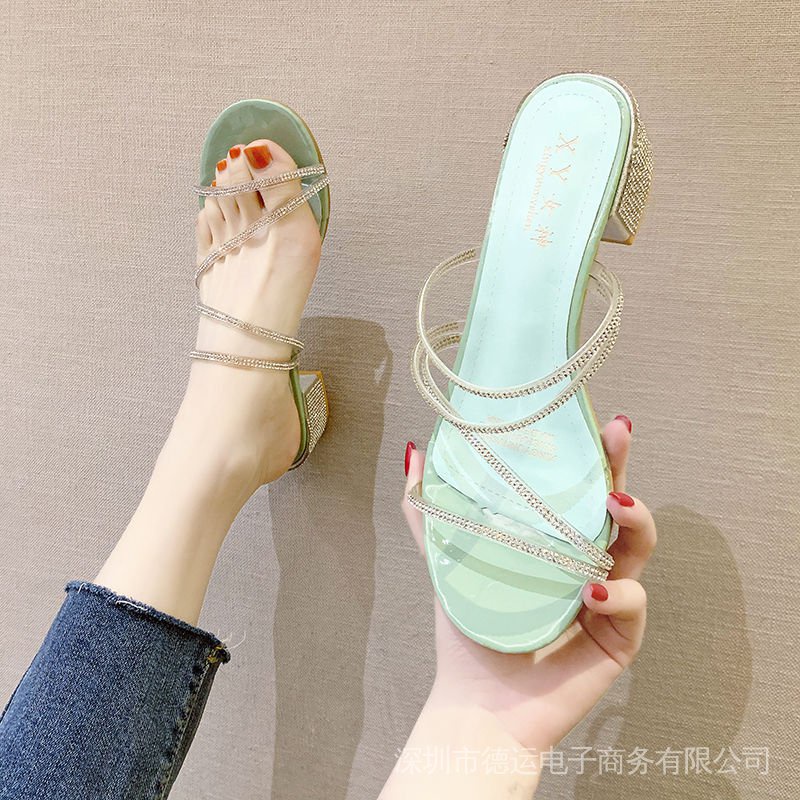 Dép Sandal Đế Dày Quai Ngang Đính Đá Thời Trang Mùa Hè Hàn Quốc 2021 Cho Nữ