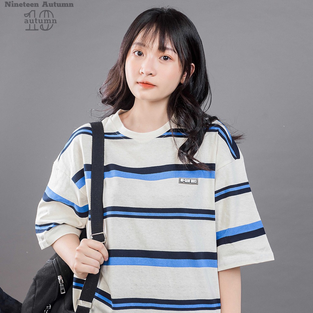 Áo thun tay lỡ nam nữ Unisex Nineteen Autumn phông nam nữ form rộng sọc ngang phối màu phong cách Hàn Quốc