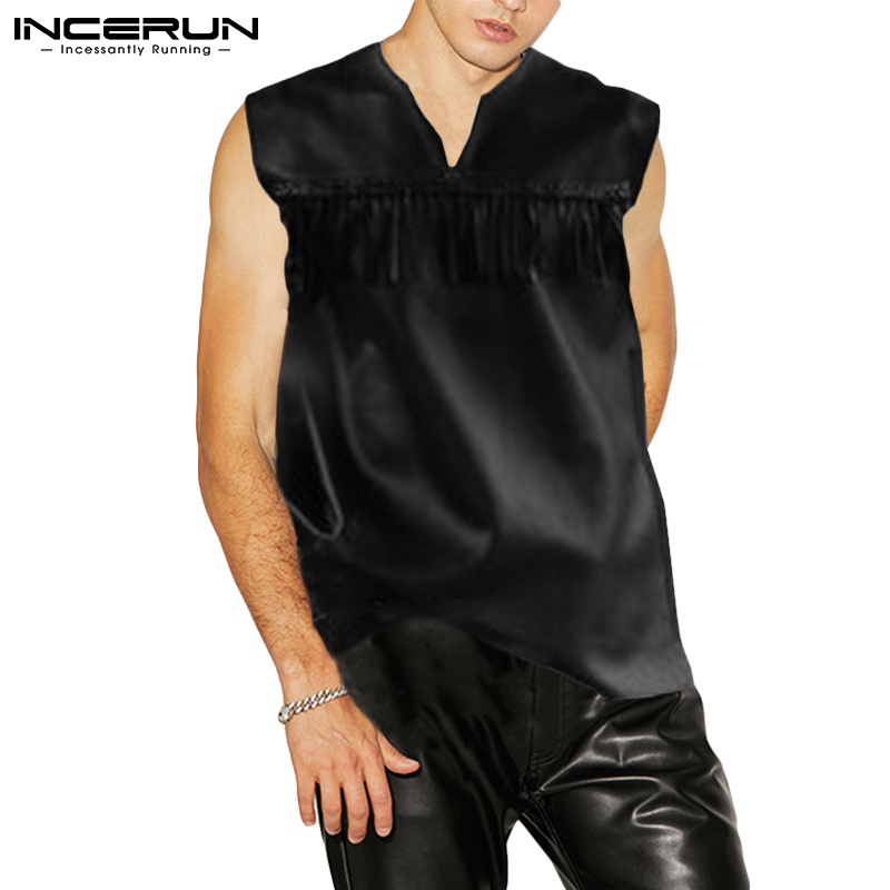 Áo thun INCERUN sát nách cổ chữ V phối khóa kéo thời trang dành cho nam