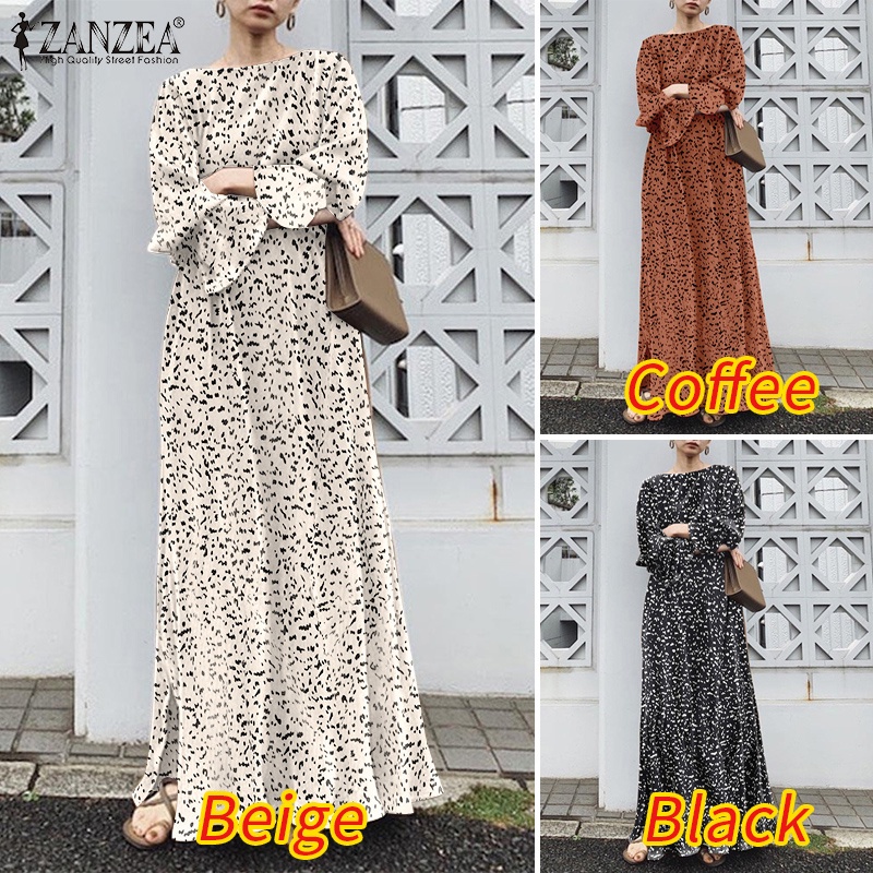 Đầm nữ Zanzea dài tay cổ tròn chấm bi xẻ tà thời trang hàn