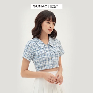 Áo sơ mi croptop họa tiết caro GUMAC màu xanh, đủ size,, trẻ trung AB334