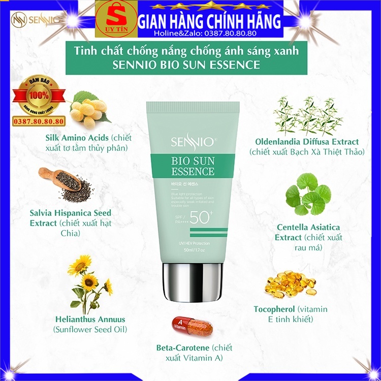Tinh chất kem chống nắng kiềm dầu chính hãng Sennio hàn quốc KCN dưỡng trắng da cho da nhạy cảm da khô dầu mụn hỗn hợp