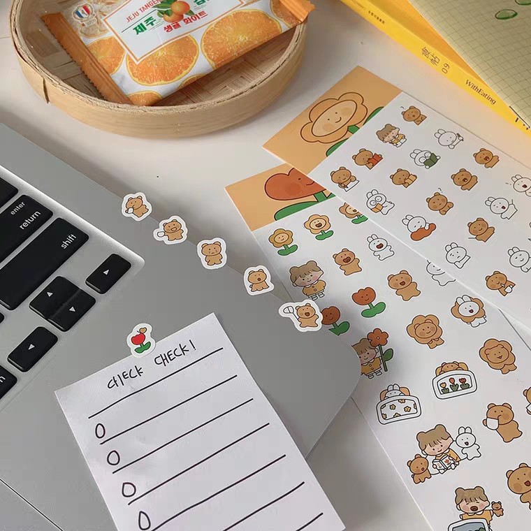 Sticker Set Trang Trí Dán Sổ, Đồ Dùng Nhiều Miếng Nhỏ Bé Gái Gấu và Hoa