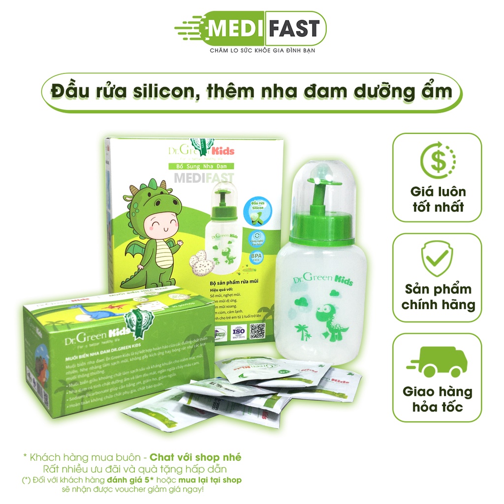 Bình rửa mũi Dr Green Kids - An toàn, tiện lợi khi sử dụng cho trẻ em - Tặng kèm 30 gói muối