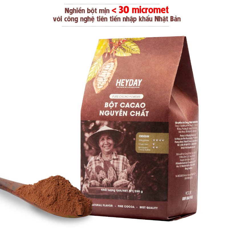 Bột cacao nguyên chất 100% không đường Heyday - Dòng Origin thượng hạng - Túi giấy 250g