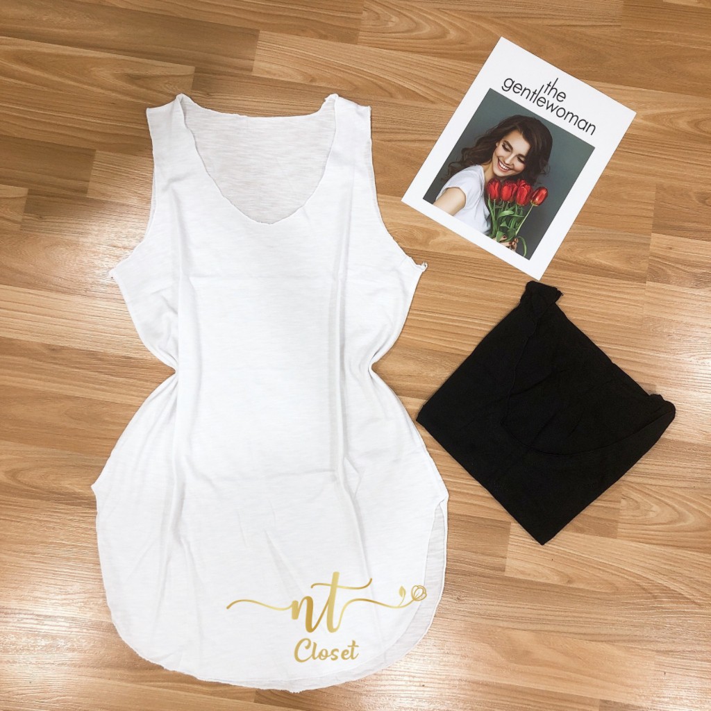 Áo ba lỗ nữ form rộng trơn, áo thun giấy chạy vắt sổ form dài giấu quần (new) - AT004 | BigBuy360 - bigbuy360.vn