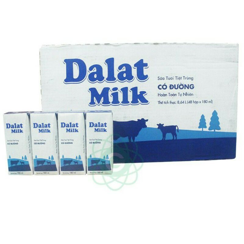 sữa tươi tiệt trùng dalat milk hộp 180ml có đường, không đường, ít đường