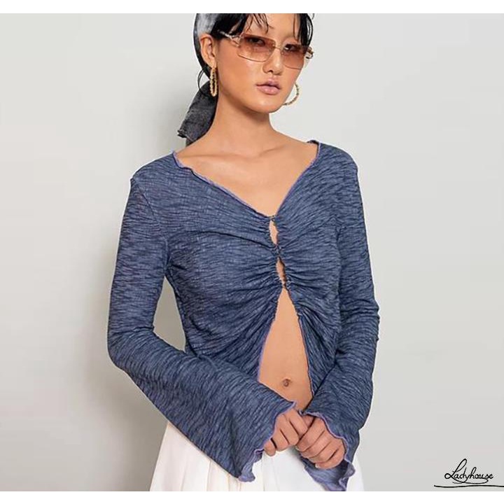 Áo Croptop Tay Dài Cổ Chữ V Có Khóa Cài Trước Gợi Cảm Cho Nữ
