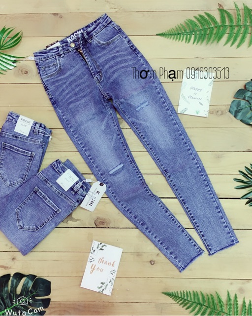 Quần bò jeans rách gối vằn mèo nữ