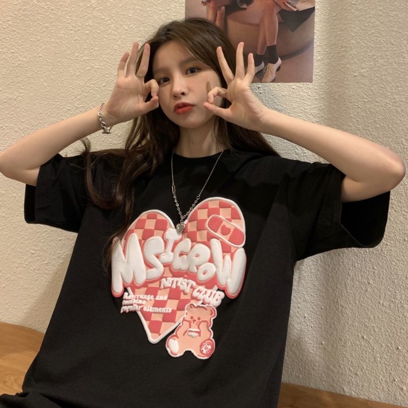 Áo Thun Ngắn Tay In Hình Trái Tim Dễ Thương Phong Cách Retro Hợp Mùa Hè